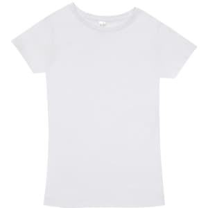 A white women's organic cotton T-shirt with a classic crew neckline and short sleeves. It features a branding logo.
