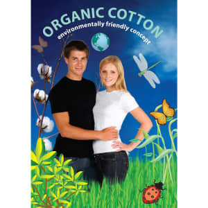 A black and a white organic cotton T-shirt worn by a man and a woman, surrounded by nature-themed graphics.