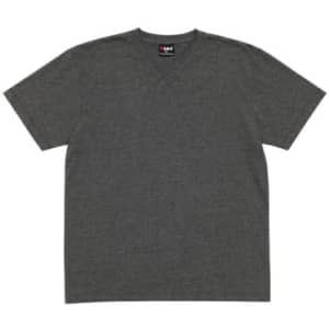 A dark grey unisex V-neck T-shirt with short sleeves and a logo on the neckline.