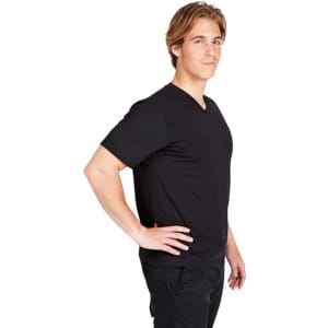A black unisex V-neck T-shirt displayed on a model in a side view. The shirt has a simple design and includes a logo.