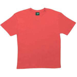 A coral unisex V-neck T-shirt with short sleeves and a brand logo on the label.