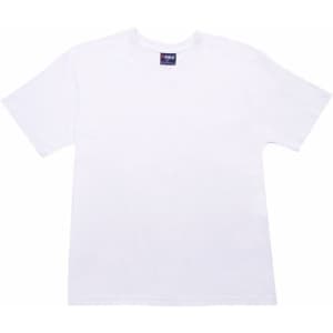 A white unisex V-neck T-shirt with short sleeves and a tag featuring a logo.