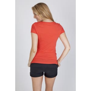 A women's marl V-neck T-shirt in vibrant orange, accompanied by a model wearing black shorts. The shirt features a logo.
