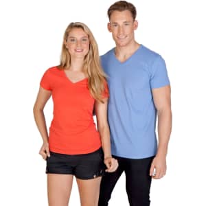 A woman wearing a red marl V-neck T-shirt, viewed from the back, paired with black shorts. The shirt has a logo.
