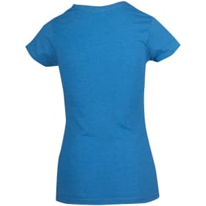 A blue women's marl V-neck T-shirt with short sleeves, featuring a plain back design and a small logo.
