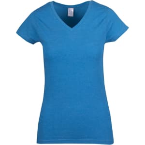 A blue marl women's V-neck T-shirt with short sleeves and a fitted design. It has a logo on the label.
