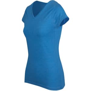 A blue women's marl V-neck T-shirt with short sleeves and a fitted design. It features a logo on the side.