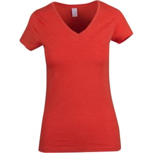 A red women's marl V-neck T-shirt with short sleeves and a fitted design. It features a logo.