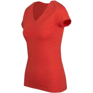A women's red marl V-neck T-shirt with short sleeves and a fitted shape. It features a logo on the label.
