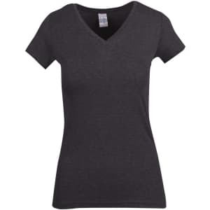 A women's marl v-neck t-shirt in dark grey, featuring short sleeves and a fitted design. It has a logo on the label.