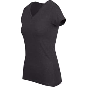A dark grey women's marl V-neck T-shirt with short sleeves and a fitted silhouette. It features a logo.