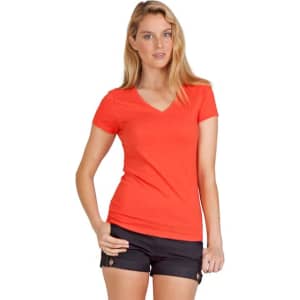 A women's marl V-neck T-shirt in vibrant orange, featuring short sleeves and a fitted silhouette.