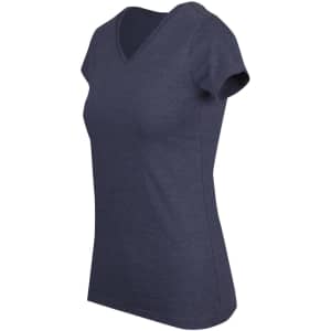 A women's marl navy V-neck T-shirt with short sleeves and a fitted design, featuring a logo on the side.