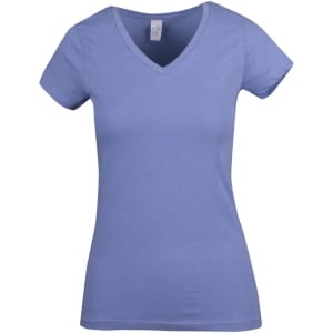 A blue women's marl V-neck T-shirt with short sleeves and a fitted silhouette. It features a logo.