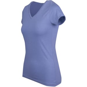 A women's marl V-neck T-shirt in a soft blue colour, featuring short sleeves and a fitted style.