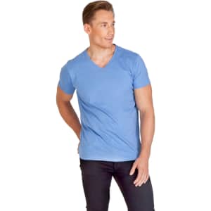 A blue men's marl V-neck T-shirt displayed on a model against a plain background. The shirt features a logo.