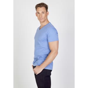 A blue men's marl V-neck T-shirt displayed on a model, featuring short sleeves and a fitted silhouette.