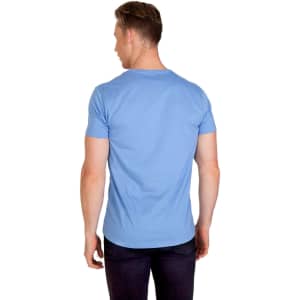 A blue men's marl V-neck T-shirt displayed on a model, featuring a fitted style and short sleeves.