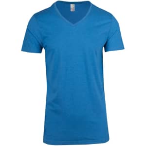A blue men's marl V-neck T-shirt with a relaxed fit and short sleeves. It features a logo on the label.