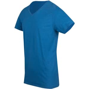 A blue marl v-neck t-shirt featuring short sleeves and a subtle texture. It has a branding logo.