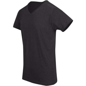 A men's marl V-neck T-shirt in dark grey, featuring short sleeves and a simple design with a logo.