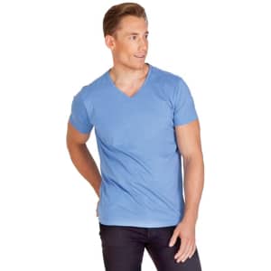 A men's marl V-neck T-shirt in light blue, featuring a fitted style and a branding logo.