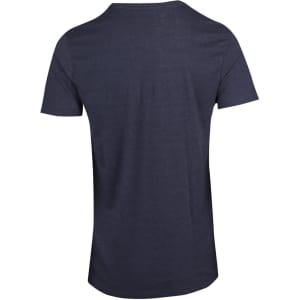 A navy men's marl V-neck T-shirt featuring a simple design and a logo on the back.