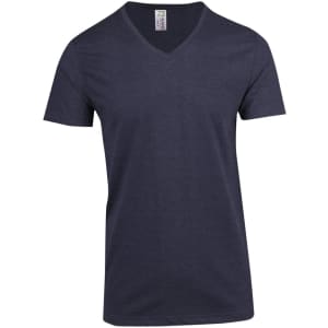 A men's marl V-neck T-shirt in dark navy with short sleeves and a label inside.