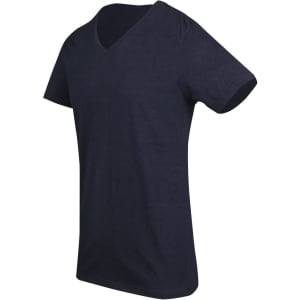A navy men's marl V-neck T-shirt displayed at an angle, featuring short sleeves and a simple design.