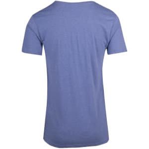 A blue men's marl V-neck T-shirt featuring a simple back design and short sleeves. It has a logo on the label.