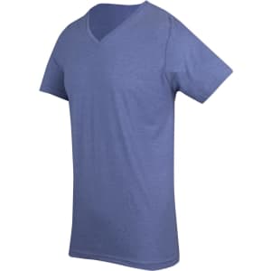 A men's marl V-neck T-shirt in a blue shade, featuring short sleeves and a subtle texture.