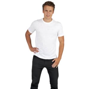 A man wearing a white raw cotton wave t-shirt and black pants, posing with one hand on his hip. The shirt features a logo.