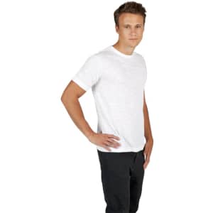 A plain white raw cotton t-shirt worn by a model, featuring a simple design and short sleeves.