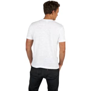 A men's unisex raw cotton wave T-shirt in white, featuring short sleeves and a relaxed fit, with a logo on the back.