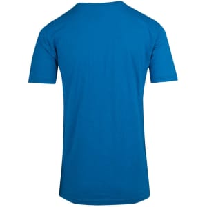 A blue unisex raw cotton T-shirt featuring short sleeves and a smooth fabric texture. It has a logo on the back.