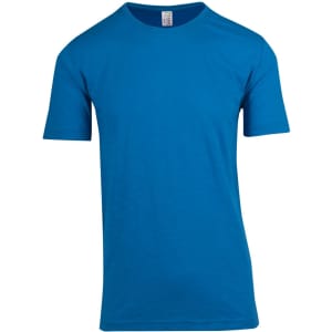 A blue unisex raw cotton wave T-shirt with short sleeves and a simple design, featuring a logo.