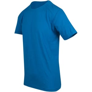 A blue raw cotton T-shirt with a crew neck and short sleeves, featuring a logo.