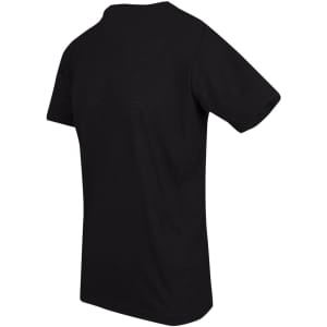 A black unisex raw cotton t-shirt with a simple design and a logo on the back.