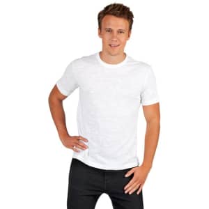 A white raw cotton T-shirt displayed on a model, featuring a round neck and short sleeves. The shirt has a branding logo.