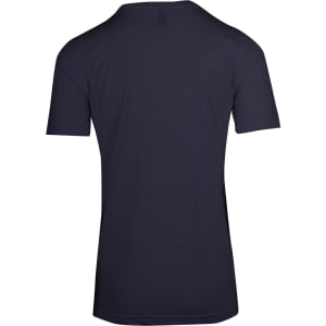 A back view of a navy unisex T-shirt with short sleeves and a logo on the upper back.