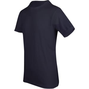 A navy blue unisex raw cotton t-shirt featuring a simple design and a logo.