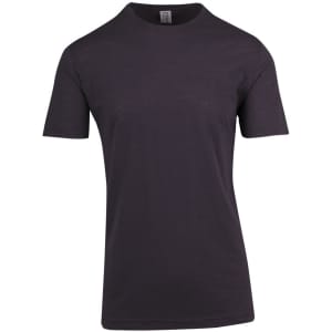 A unisex raw cotton T-shirt in a dark, charcoal colour with short sleeves and a round neckline.