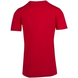 A red unisex raw cotton T-shirt with short sleeves and a plain back. Features a logo.