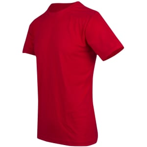 A red unisex raw cotton T-shirt with short sleeves and a simple design, featuring a logo.