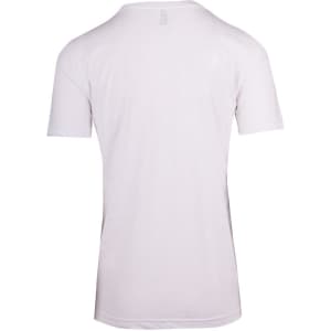 A white raw cotton T-shirt with short sleeves and a plain back, featuring a logo at the neckline.