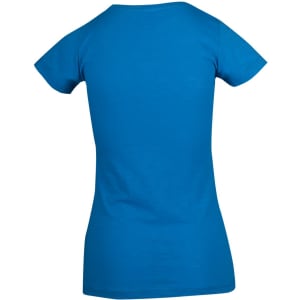 A blue women's T-shirt with a fitted design and short sleeves, featuring a logo on the back.