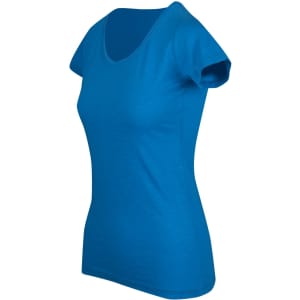 A fitted women's t-shirt in a vivid blue colour with short sleeves. It features a scoop neckline and has a logo.