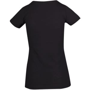 A black women's raw cotton wave T-shirt with a fitted design and short sleeves. The back view displays a simple silhouette.