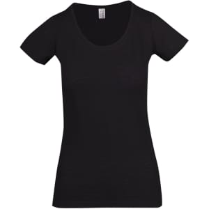 A black women's raw cotton wave t-shirt with a scoop neckline and short sleeves, featuring a logo tag.