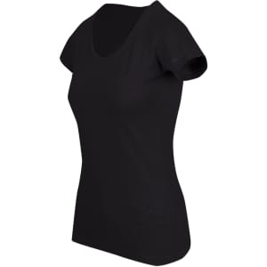 A black women's raw cotton wave T-shirt with a scoop neckline and short sleeves, featuring a logo.